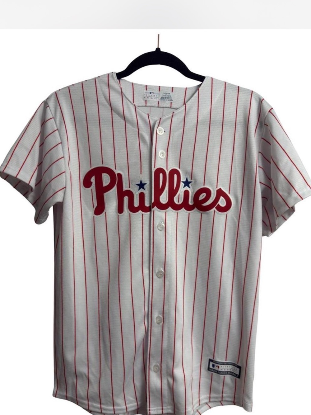 MLB Philadelphia Phillies white/red pinstripe baseball jersey.